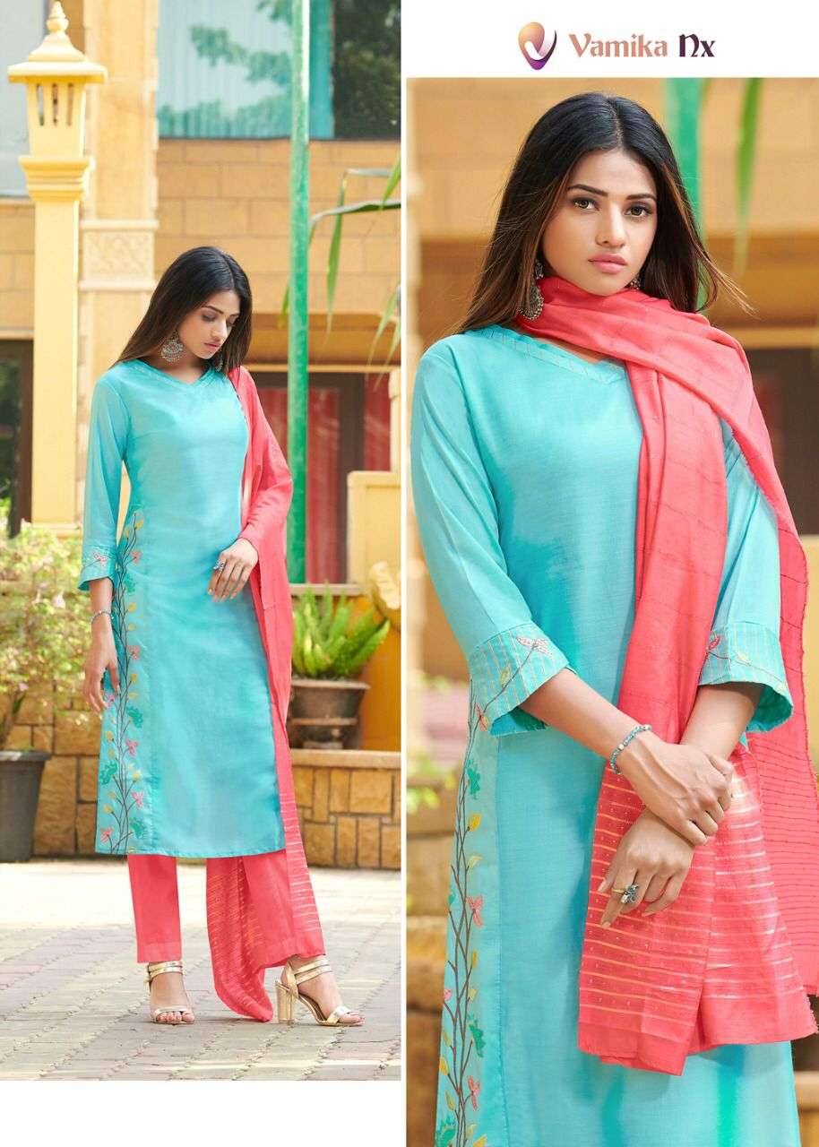 vamika nx richie rich 1001-1006 series chinnon soft silk kurti with dupatta concept wholesale market surat 