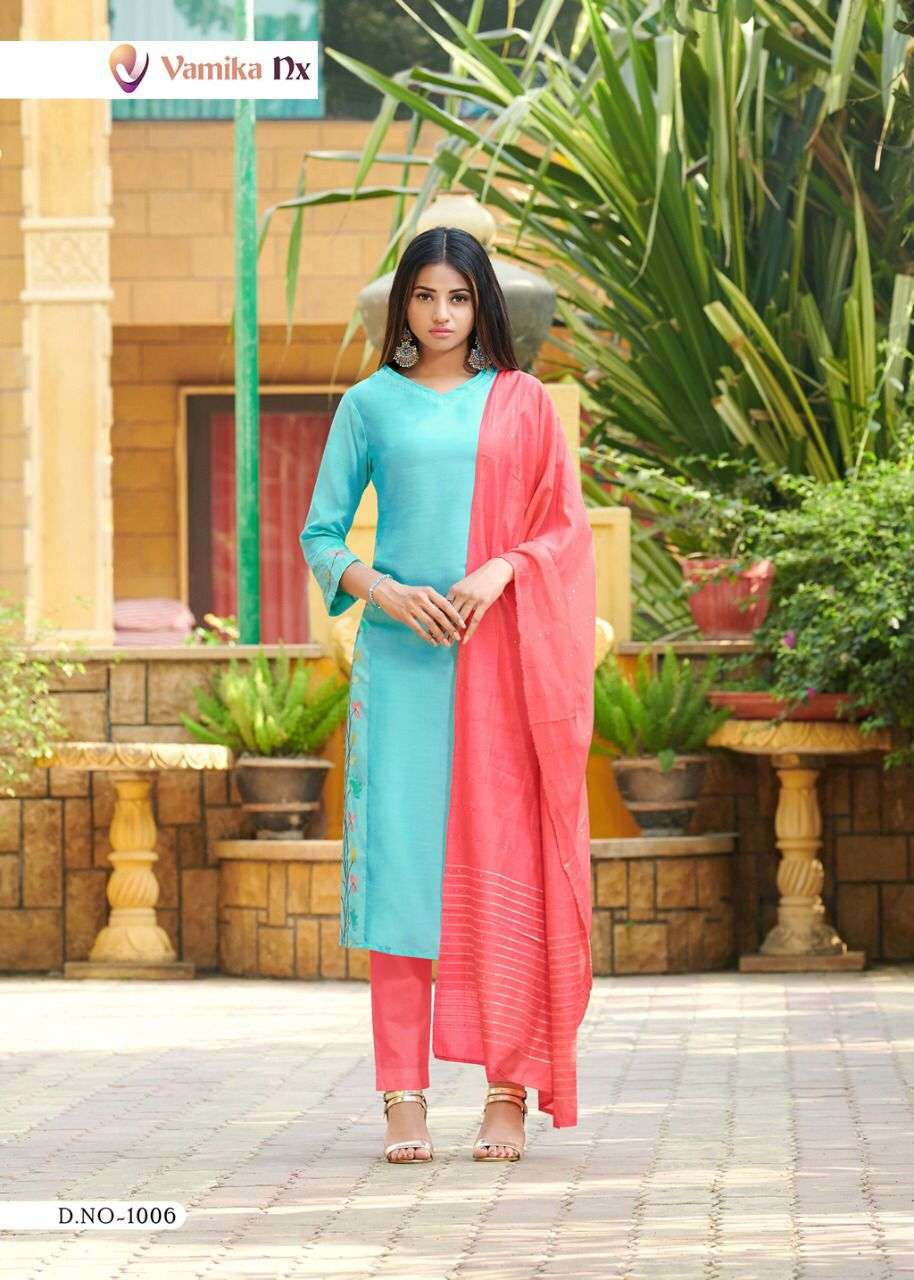 vamika nx richie rich 1001-1006 series chinnon soft silk kurti with dupatta concept wholesale market surat 