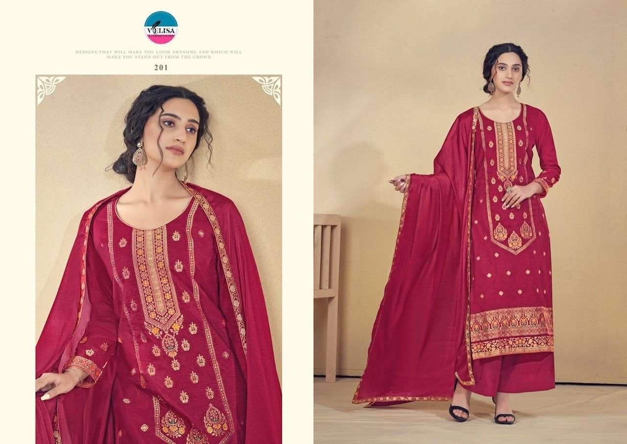 velisa vrinda 201-204 series pure meenakari jaqaurd designer dress material wholesale price surat
