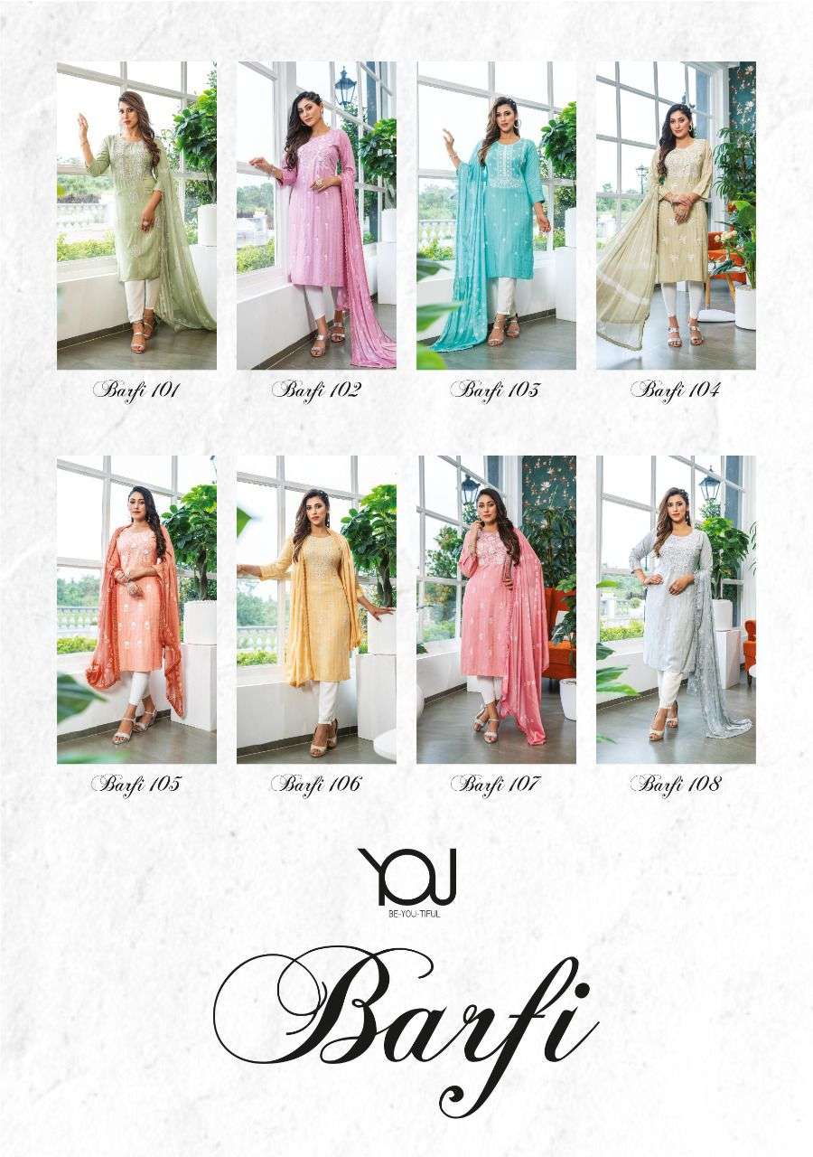 wanna barfi 101-108 series fancy rayon designer look kurtis with dupatta collection wholesale price surat