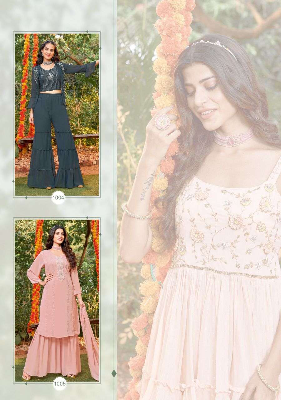 wanna udaan 1001-1005 series designer look kurtis with sharara crop top collection wholesale price surat