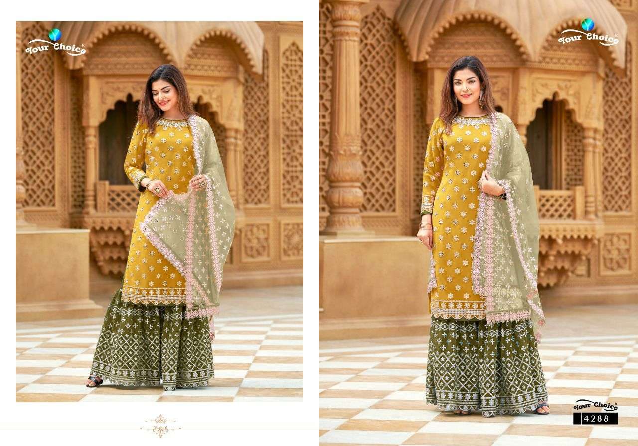 your choice muskan 4285-4288 series blooming georgette free size salwar suits wholesale dealer surat