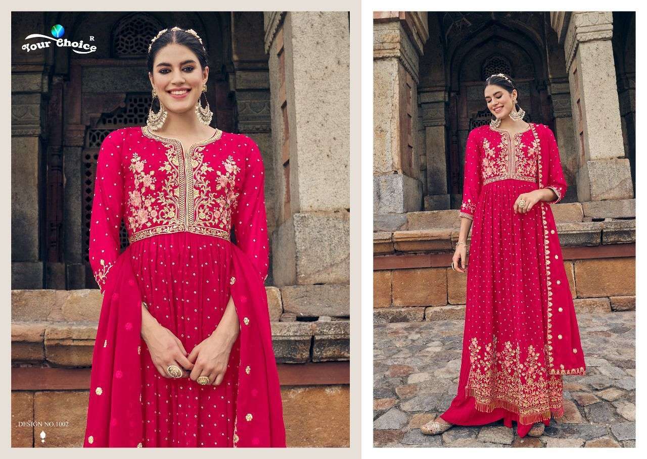 your choice nysa 1001-1005 series blooming georgette fully stiched pakistani salwar kameez online wholesaler surat 