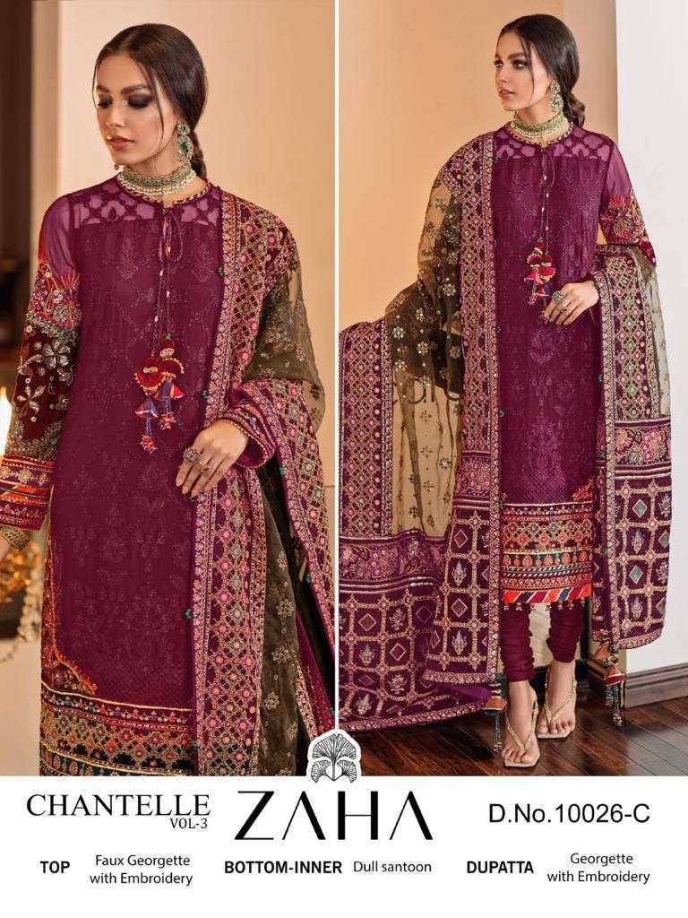 zaha chantelle vol-3 10026a-10026e series georgette designer party wear pakisatni salwar suits wholesaler surat