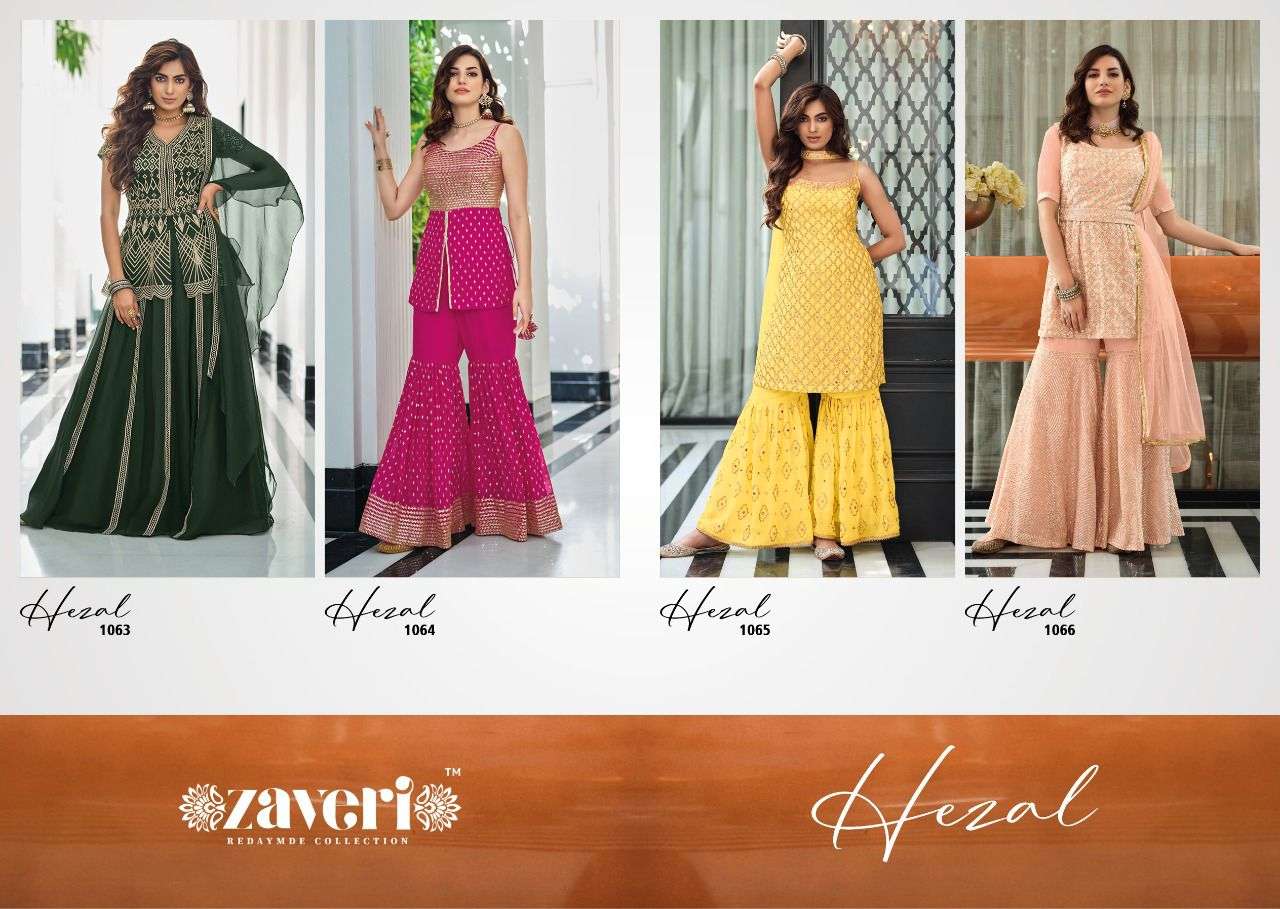 zeveri hazel 1063-1066 series festive wear look sharara suits collection surat