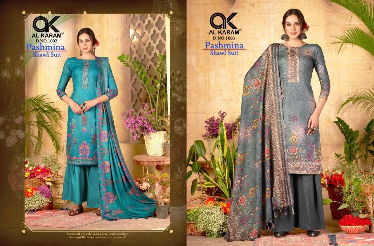 al karam pashmina shawl suits vol-1 low range pashmina dress material wholesaler surat