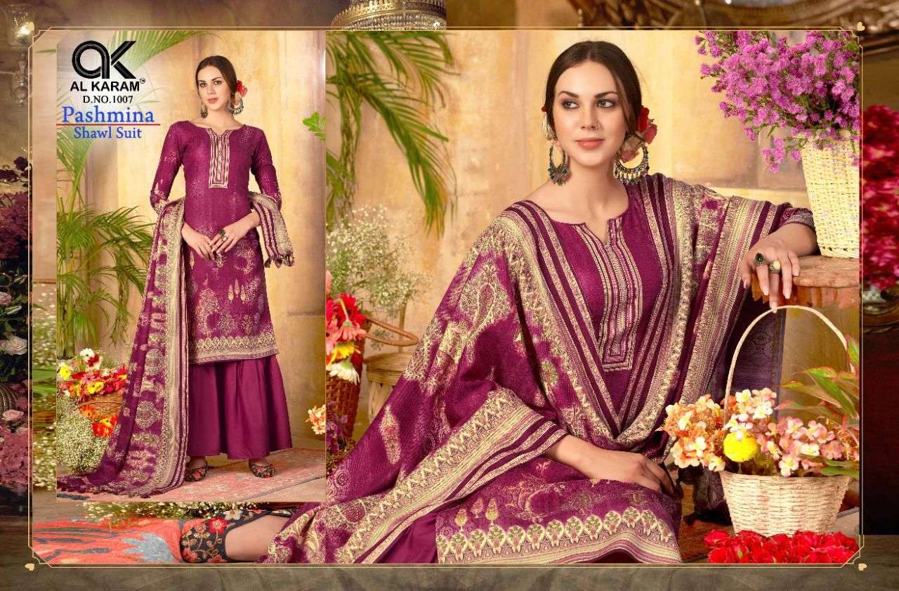 al karam pashmina shawl suits vol-1 low range pashmina dress material wholesaler surat
