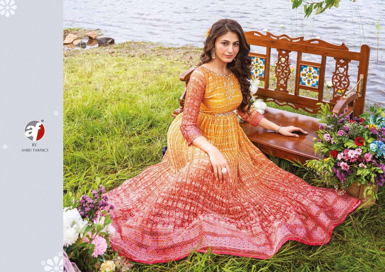 anju fabric bahara 7141-7145 series georgette desgner flaired gown collection online wholesaler surat