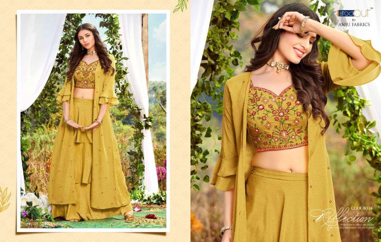 anju fabrics la fashion 8021-8024 series chinnon designer crop top with skirt collection online shopping wholesaler surat 