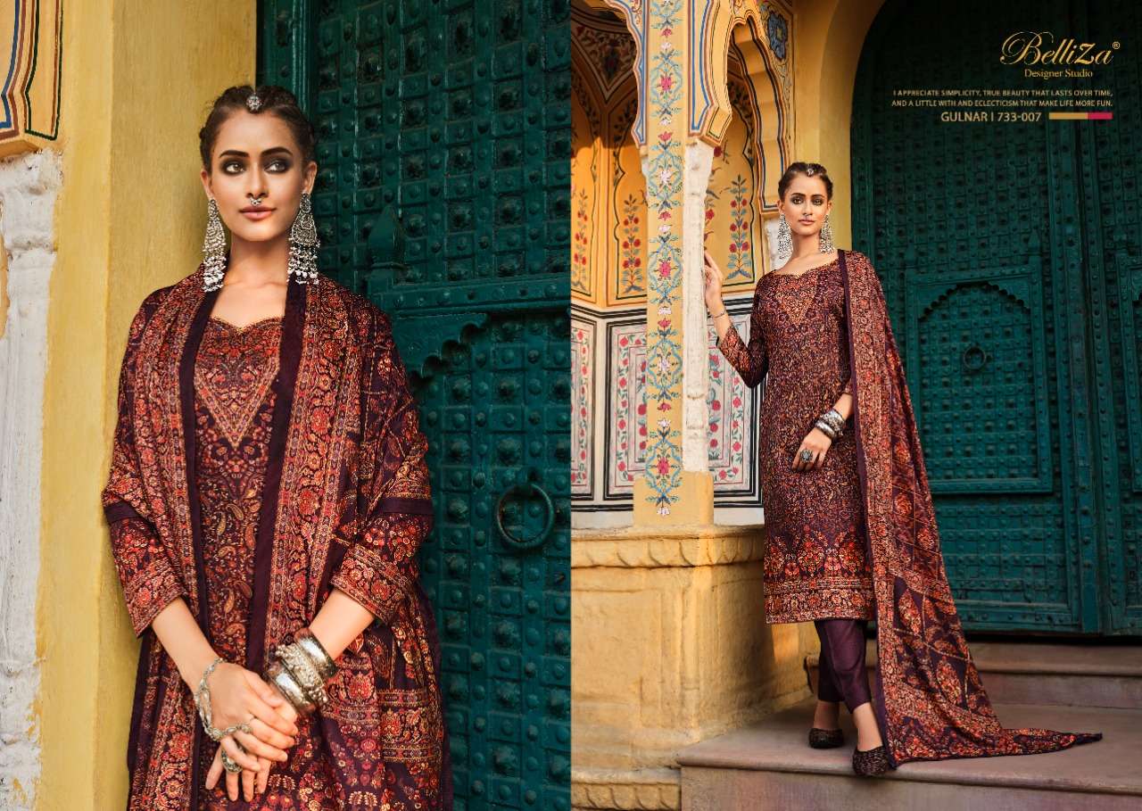 belliza designer gulnar pure wool pashmina exclusive digital printed dress material collection 