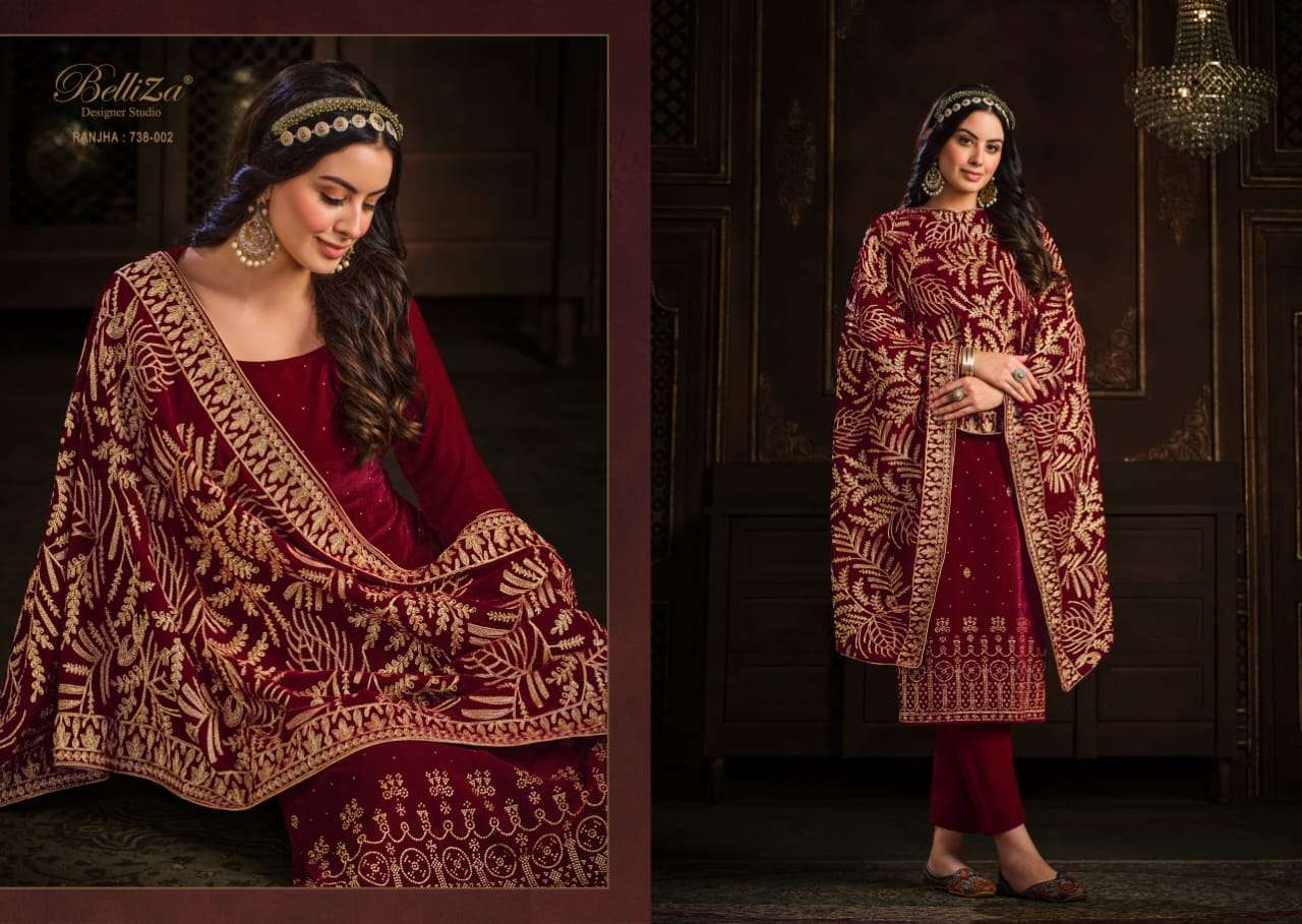 belliza designer ranjha catalogue pure 9000 velvet exclusive swarovski work salwar suits wholesale price 