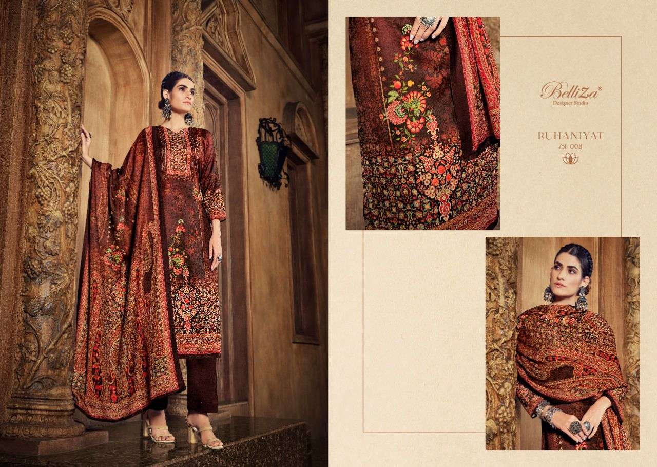 belliza designer ruhaniyat pure wool pashmina dress material collection wholesale price supplier surat