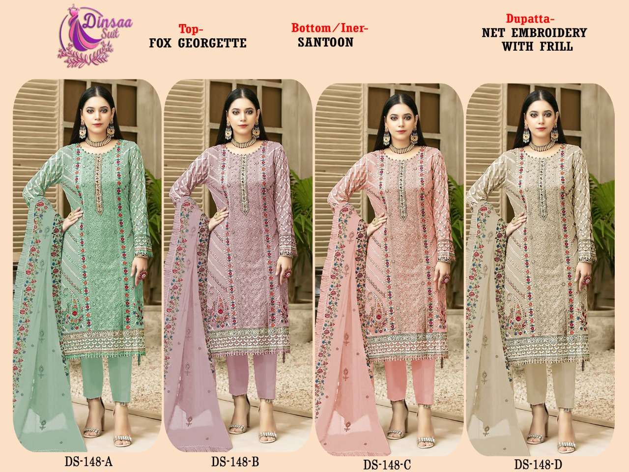 dinsaa suits 148 colours georgette embroidered fancy work salwar kameez surat