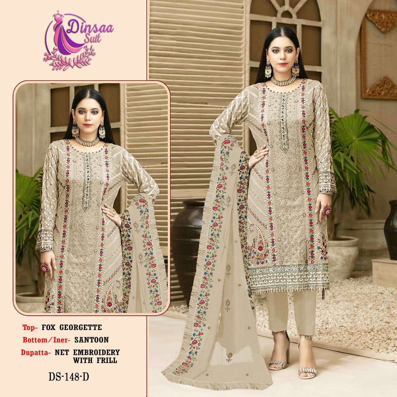 dinsaa suits 148 colours georgette embroidered fancy work salwar kameez surat