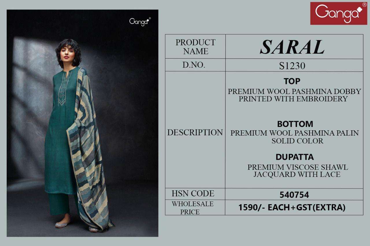 ganga saral 1230 designer look pure wool pahsmina salwar kameez wholesale price surat