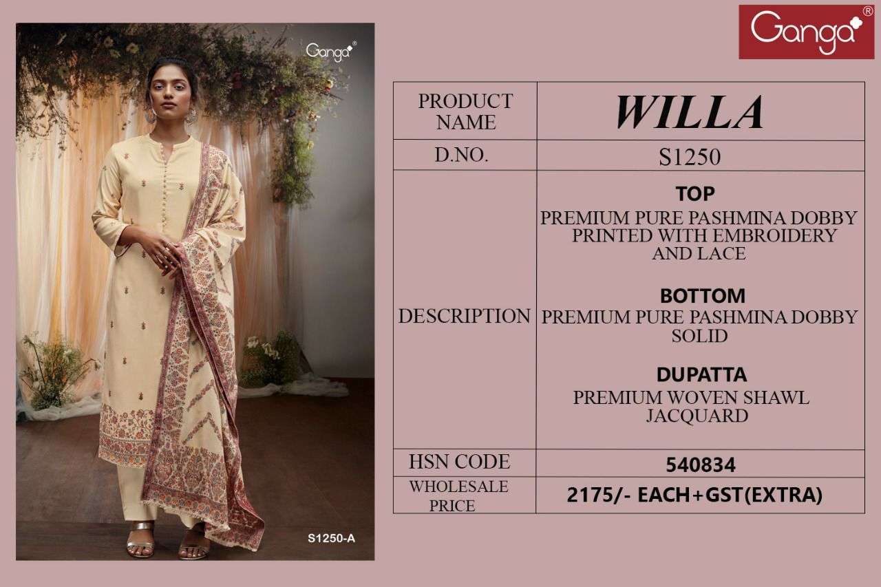 ganga willa 1250 premium pashmina unstich salwar suits collection wholesaler surat