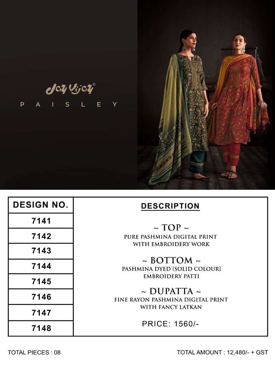 jayvijay paisley 7141-7148 series pashmina digital printed with work unstich suits wholesaler surat