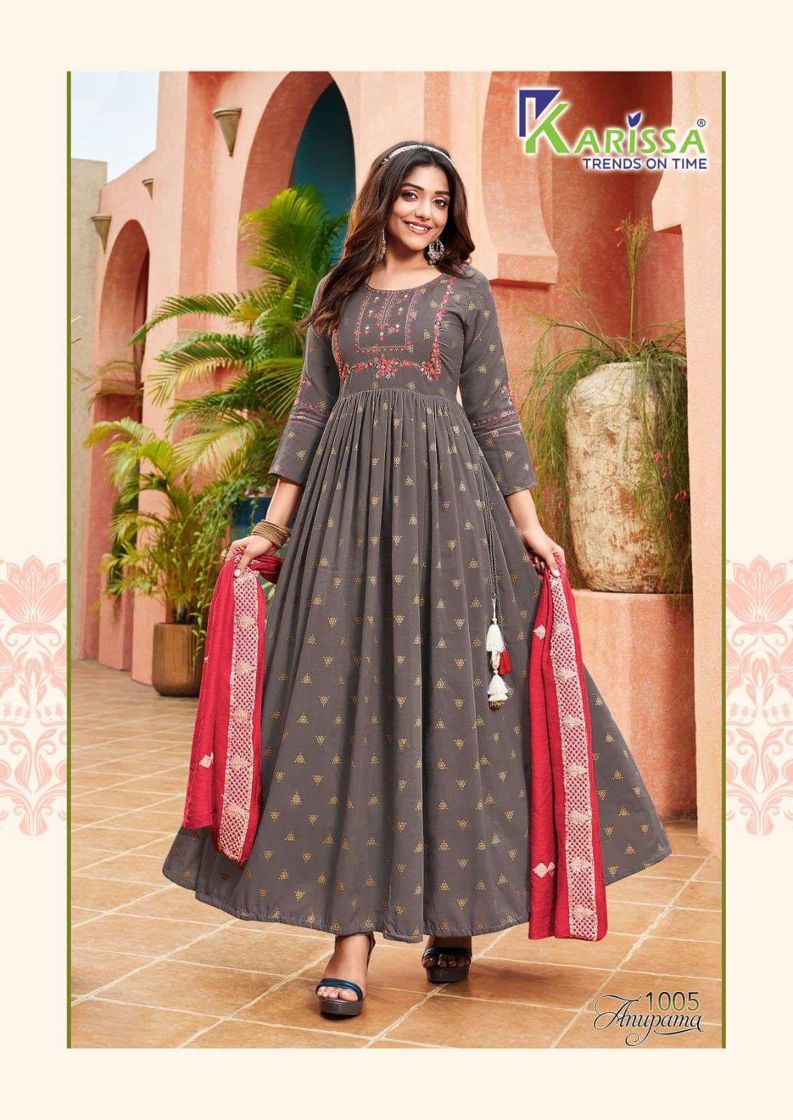 karissa trendz anupama 1001-1006 series lond designer gown with dupatta set wholesale price 