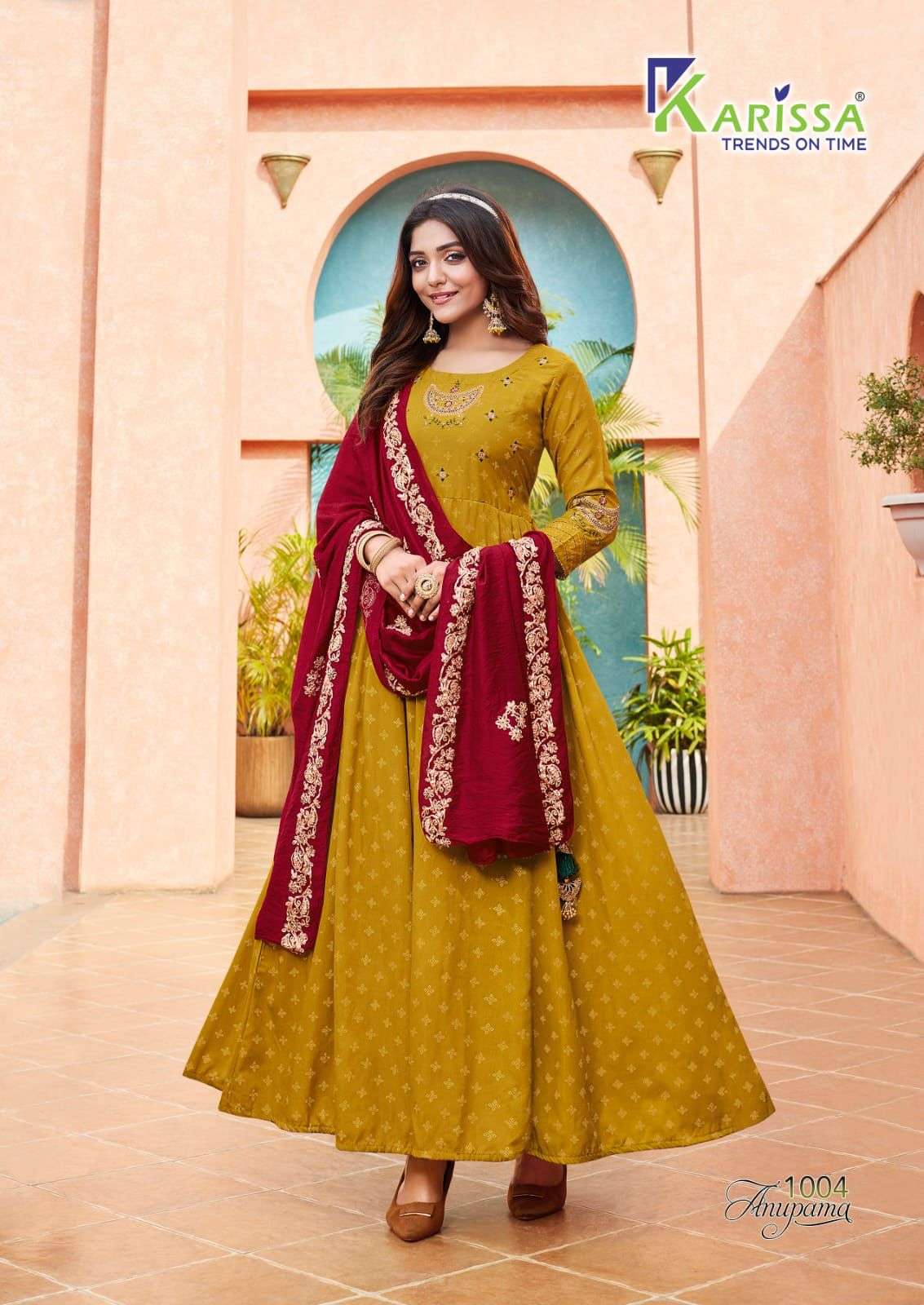 karissa trendz anupama 1001-1006 series lond designer gown with dupatta set wholesale price 