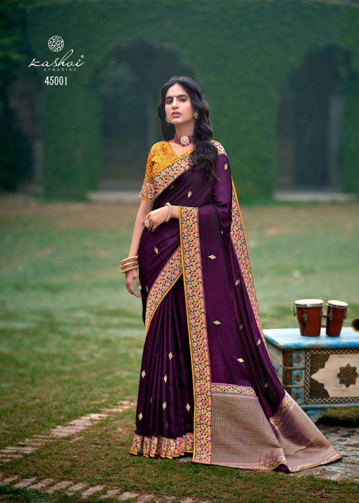 kashvi creation saffron pure silk with embroidery work designer sarees wholesaler surat