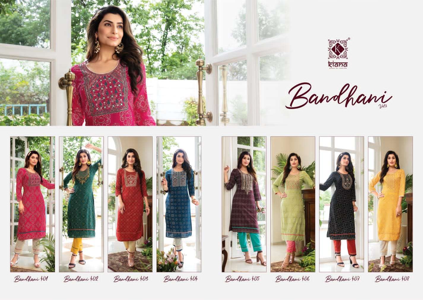 kiana fashion bandhani vol-4 401-408 series rayon bandhej printed fancy kurtis with bottom surat