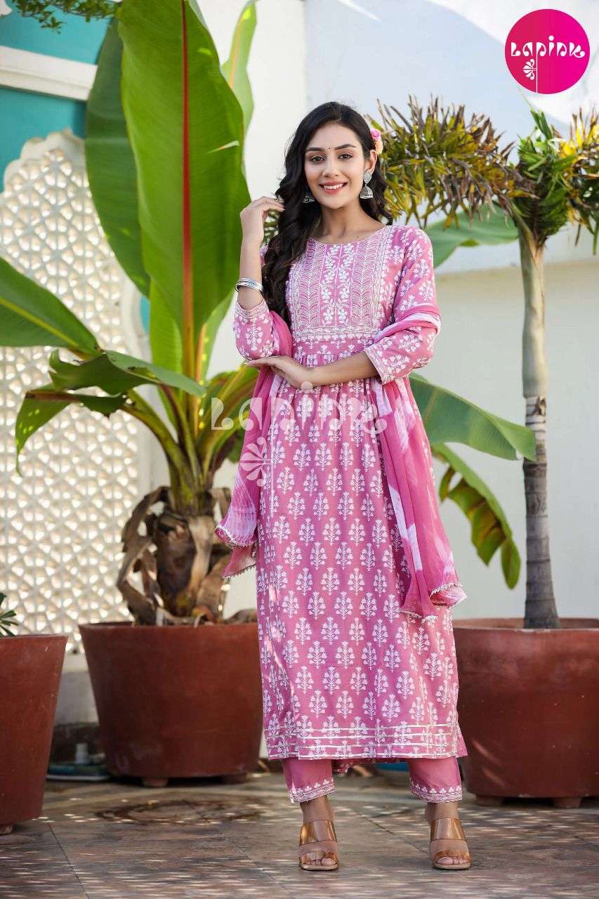 la-pink nyra vol-1 designer fancy kurta with pants and bandhani dupatta set wholesale price 