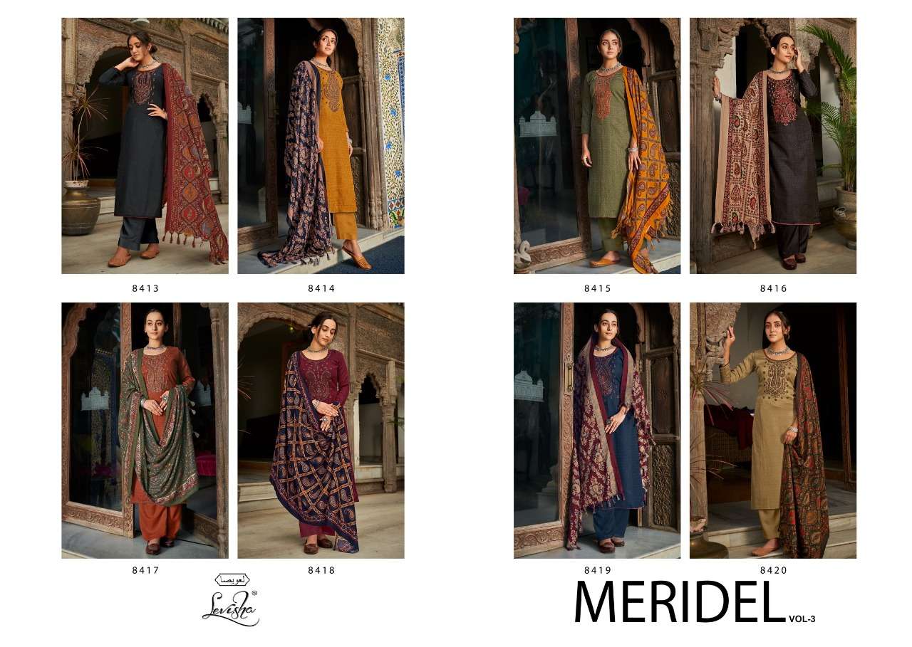 levisha meridel vol-3 8413-8402 series pure pashmina printed with work fancy suits wholesale price 