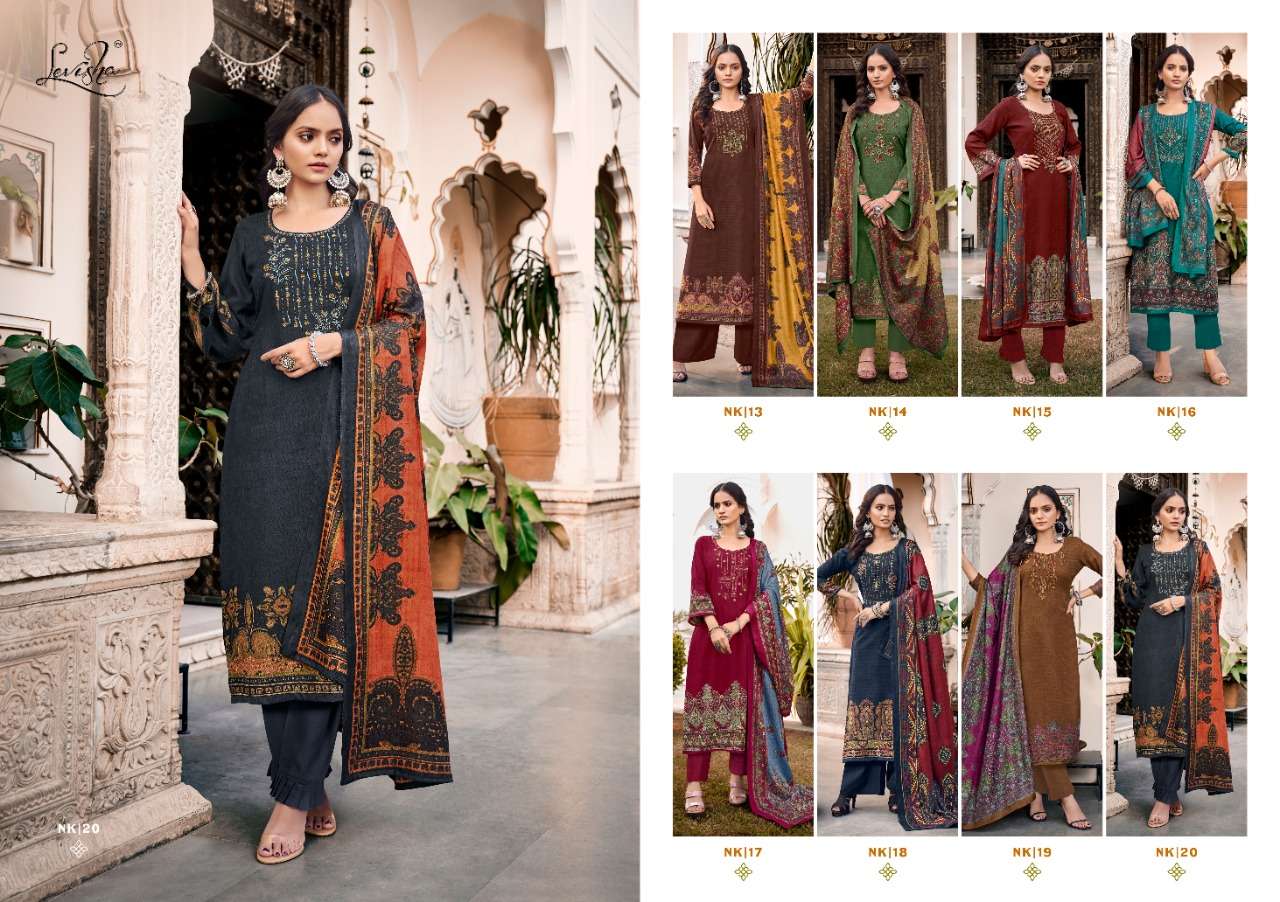 levisha nikhar 13-20 series pure pashmina printed with work dress material collection wholesale price 