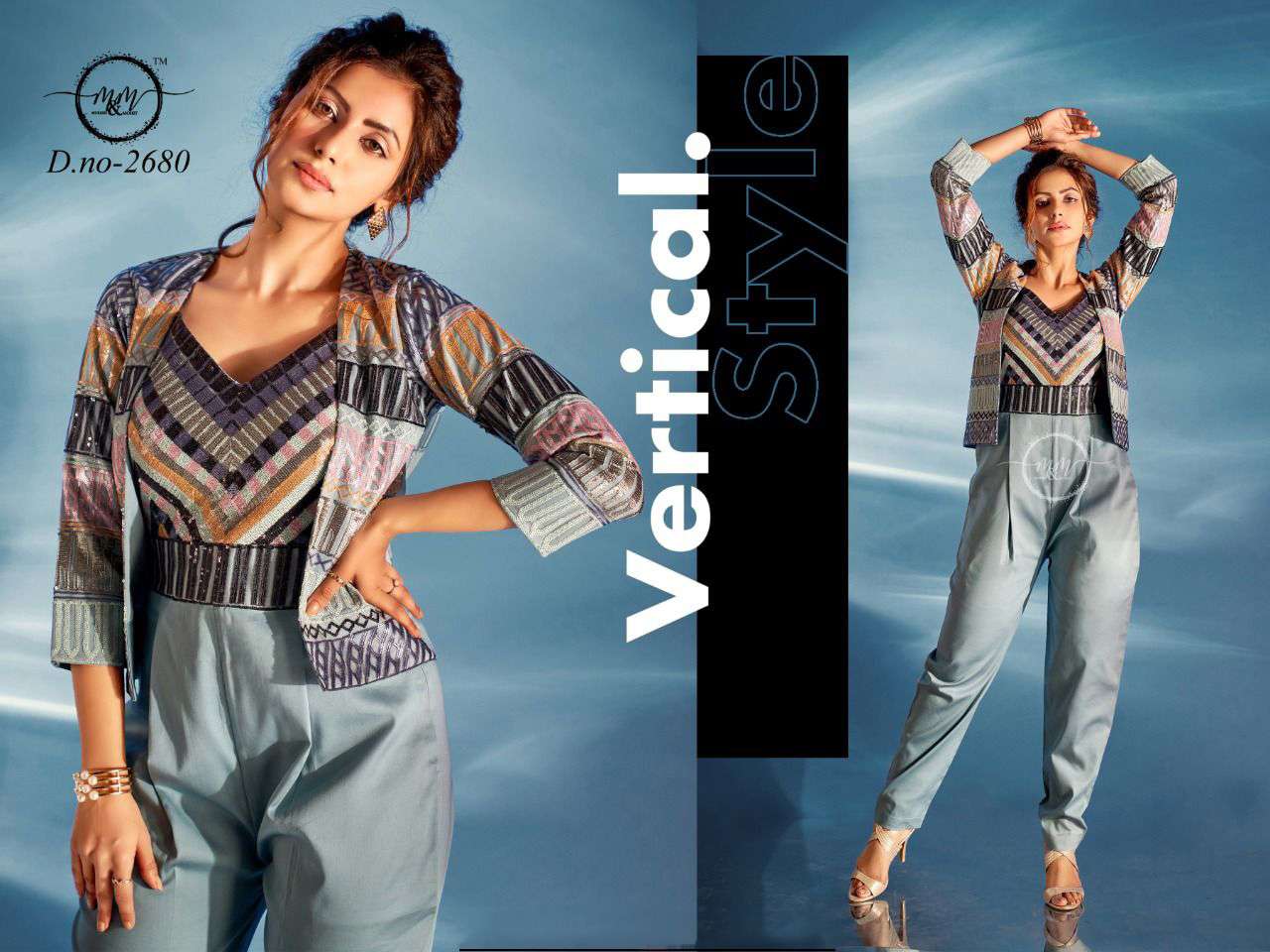 m&m 2680 imported lycra designer jumpsuits with jacket combo size set collection wholesale price 