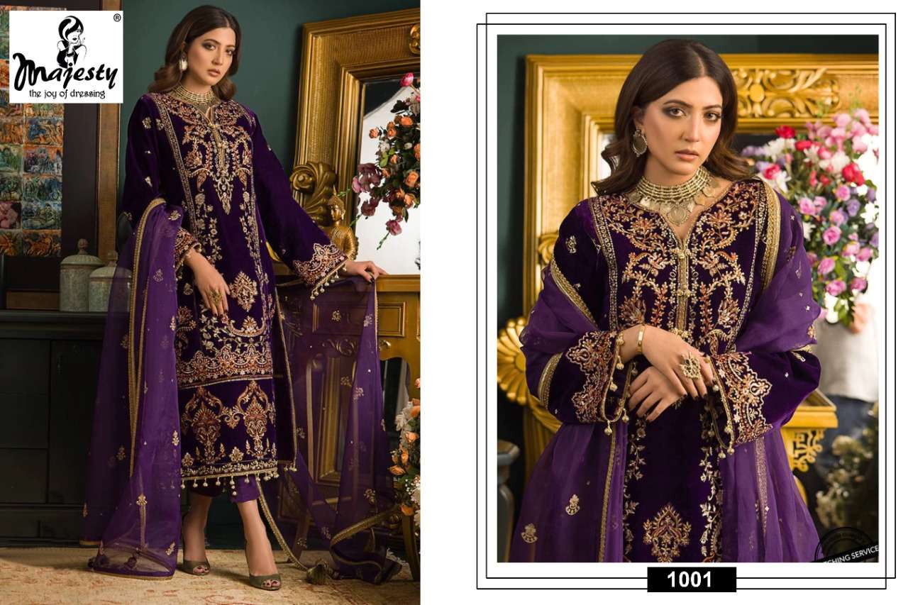 majesty anaya velvet 1001-1006 series designer look velvet with embroidered salwar kameez surat