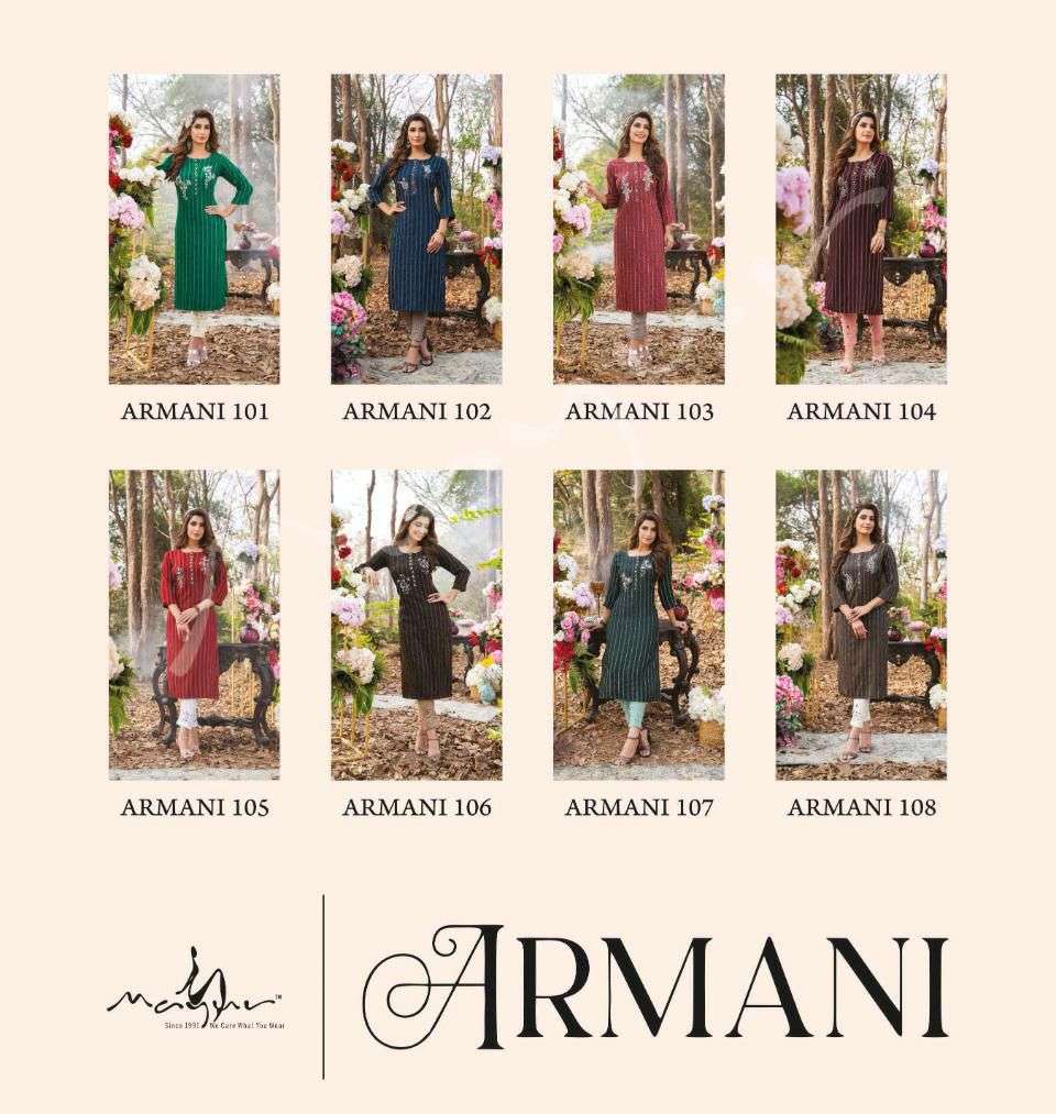 mayur armani 101-108 series rayon liva fancy kurtis with bottom set wholesale price surat