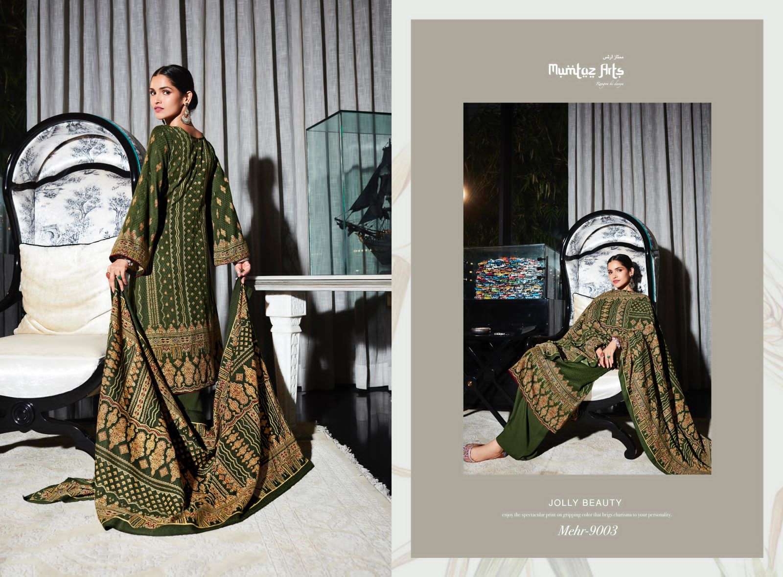 mumtaz arts mehr 9001-9008 series pure twill pashmina designer neck embroidered salwar suits surat