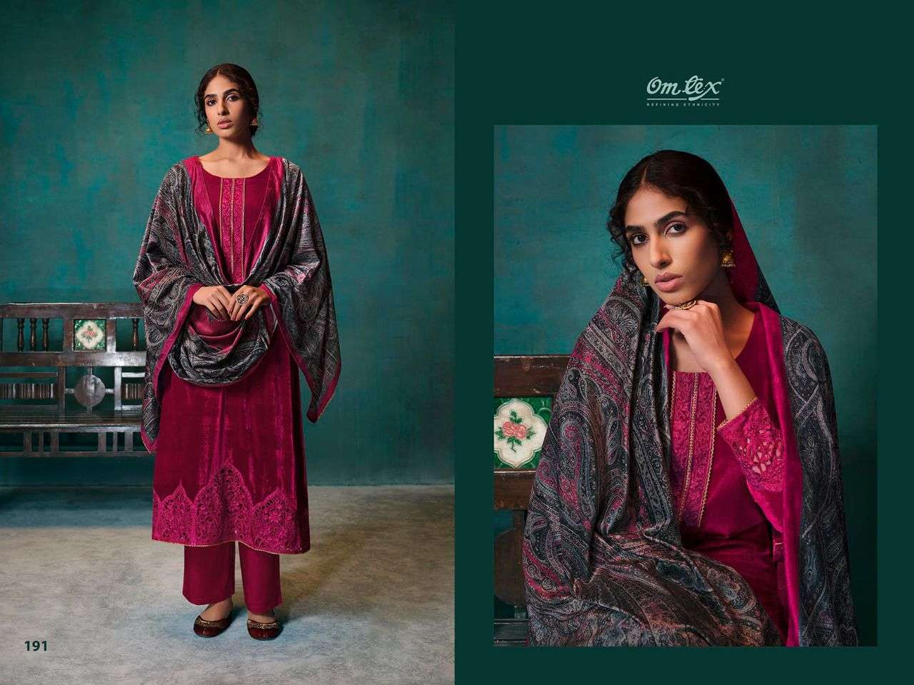 omtex kashika 191-194 series velvet embroidery work winter salwar kameez wholesale price surat