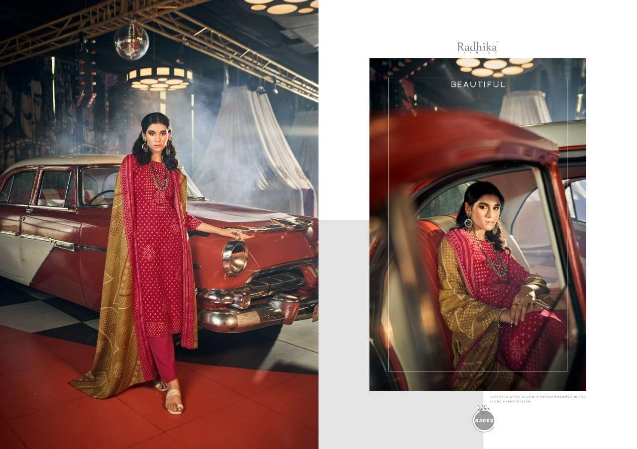 radhika fashion sumyra baandish 43001-43008 series pure pashmina salwar suits collection surat