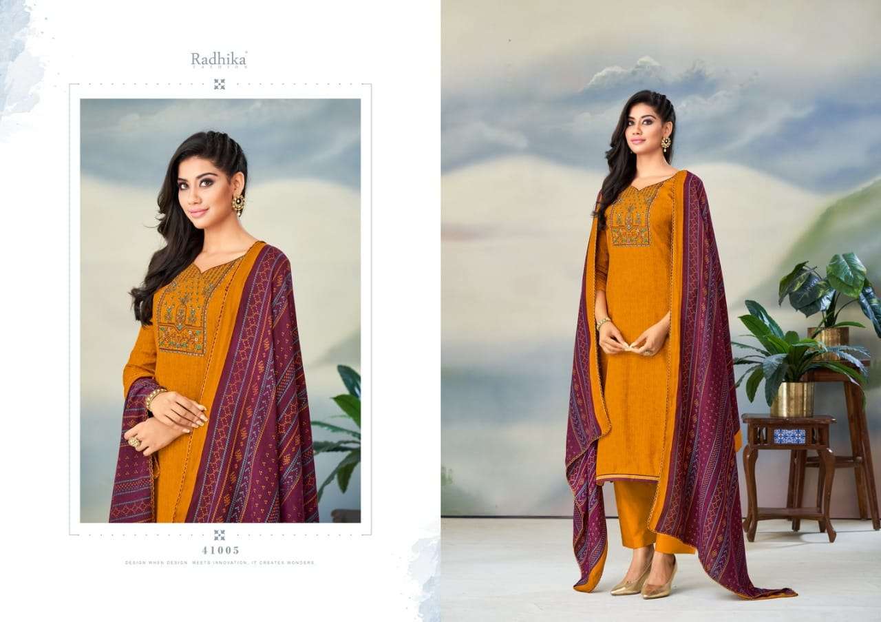 radhika gulnaz 41001-41008 series pure pashmina printed with work salwar suits collection 