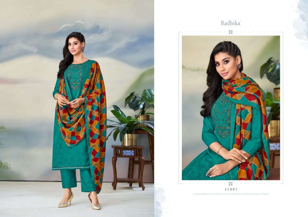 radhika gulnaz 41001-41008 series pure pashmina printed with work salwar suits collection 