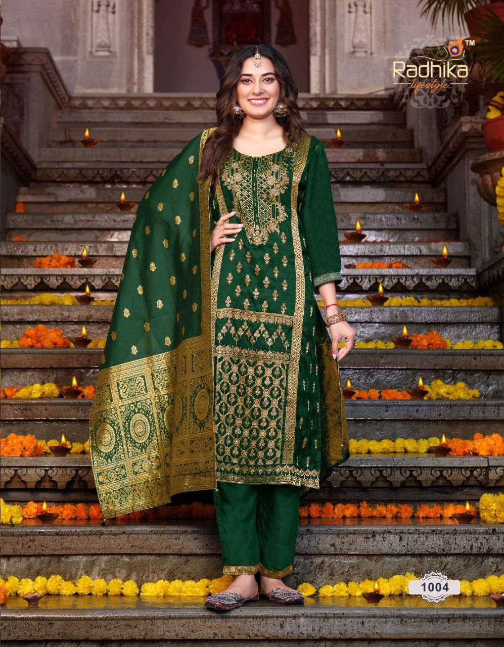 radhika lifestyle banarasi vol-1 1001-1006 series party wear look festive collection wholesale price q
