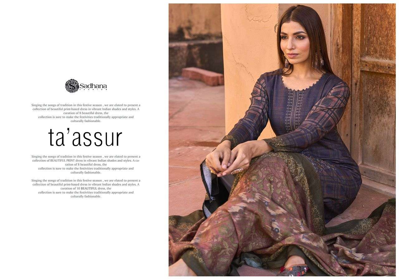 sadhana fashion taassur 101-108 series viscose pashmina unstich dress material wholesaler surat