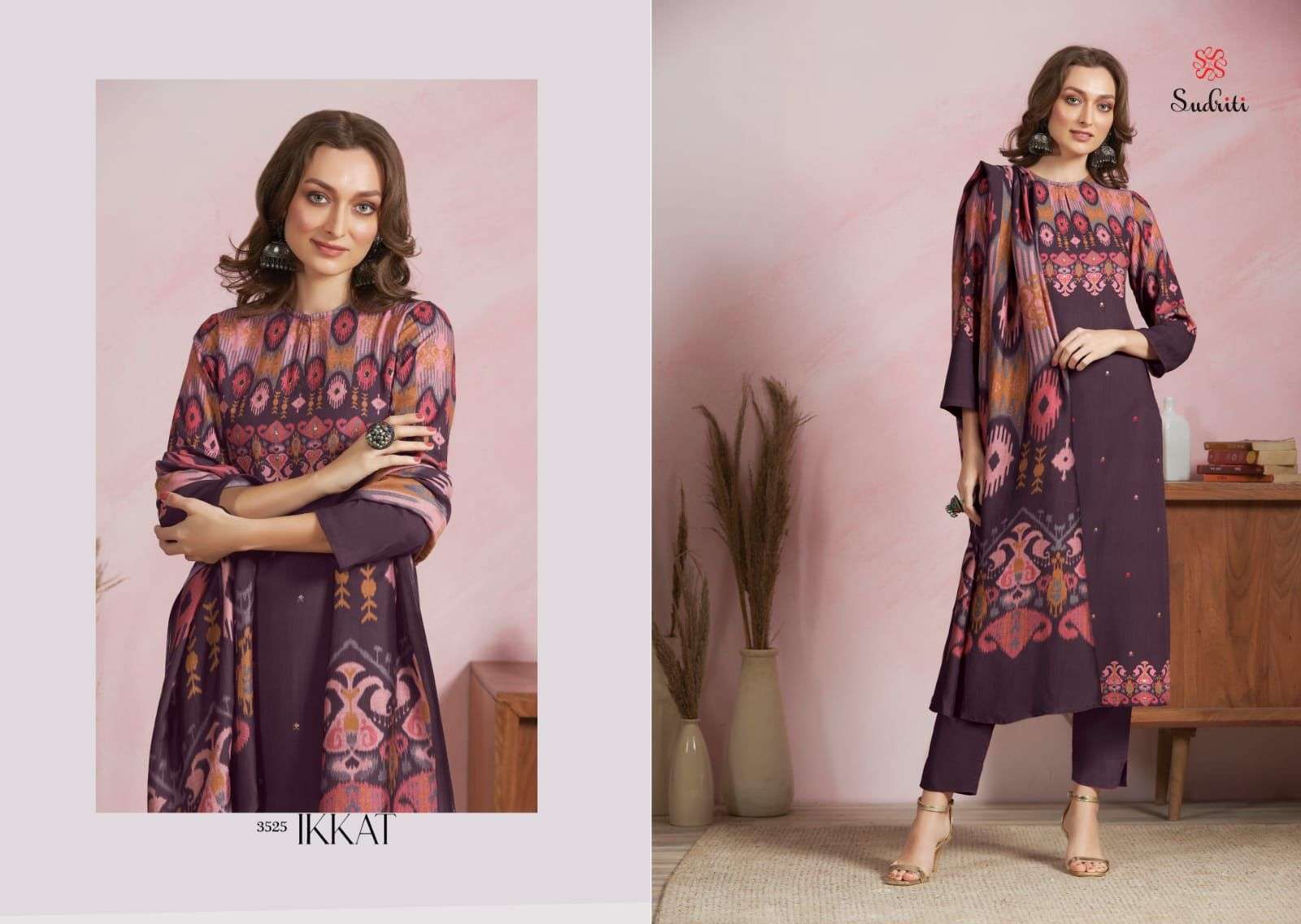 sahiba sudriti ikkat pashmina twill digital printed with work dress material collection surat india