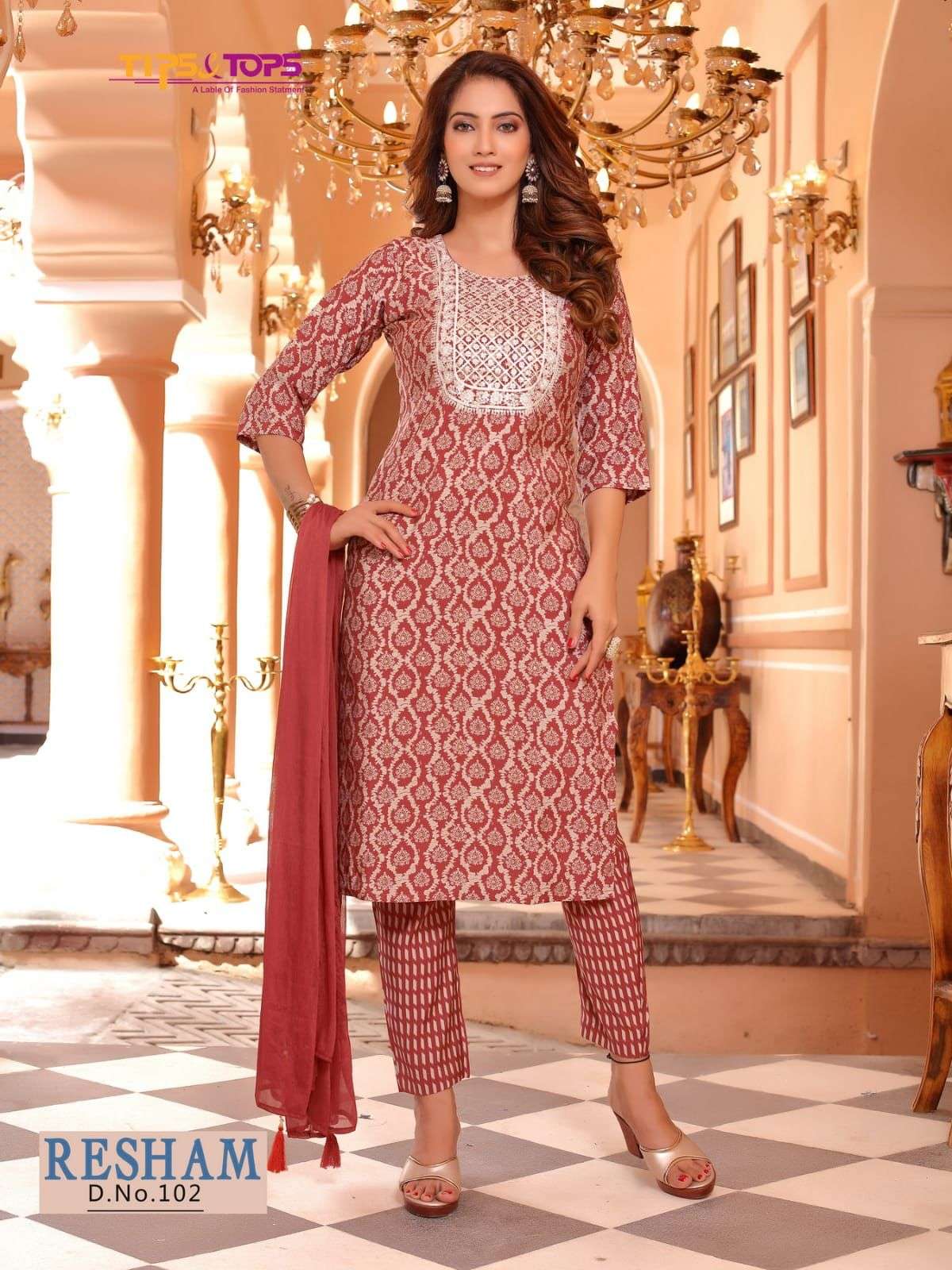 tips and tops resham 101-105 series modal chanderi with fancy work full stich collection surat