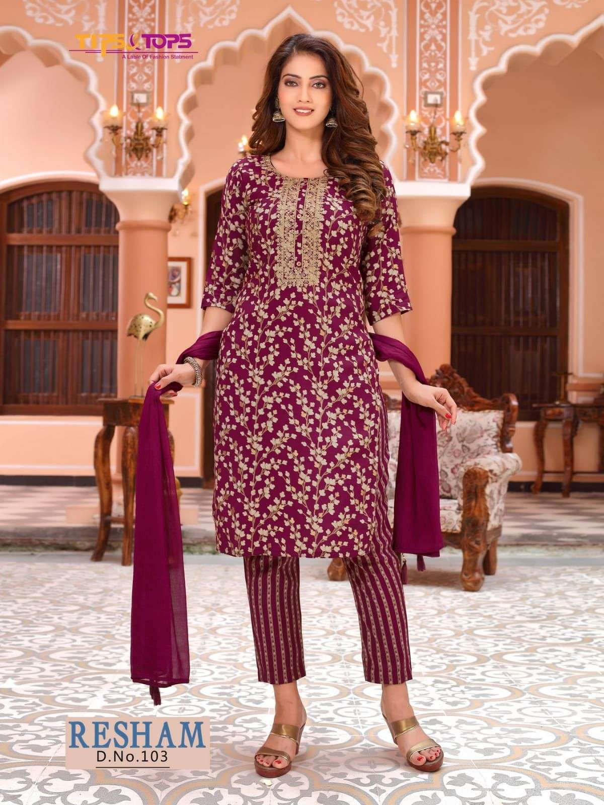tips and tops resham 101-105 series modal chanderi with fancy work full stich collection surat