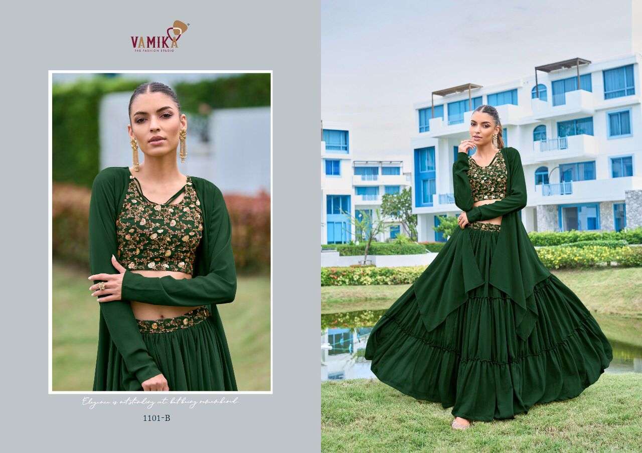 vamika attraction 1101 colour series georgette designer party wear top skirt collection online wholesaler surat