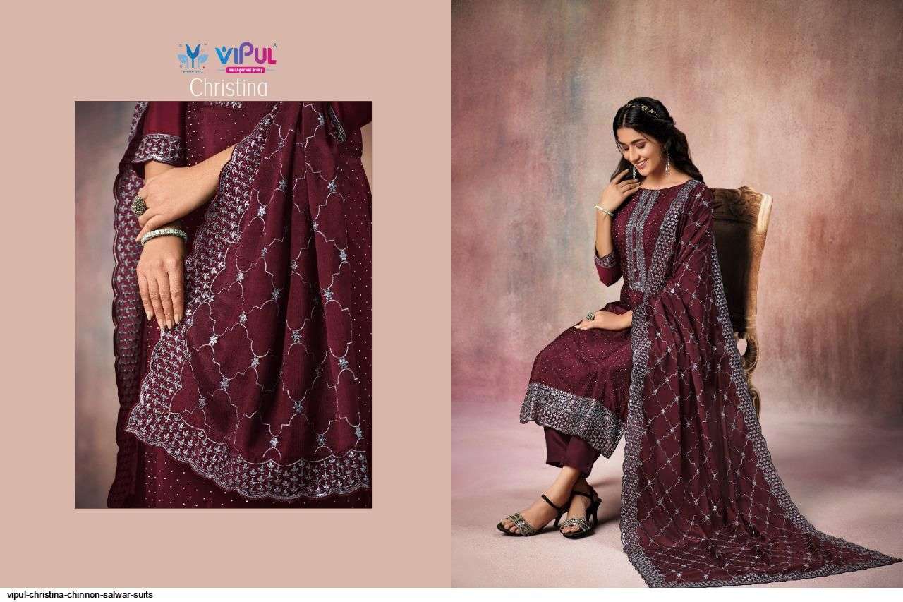 vipul fashion christina 4861-4866 series chinon embroidered salwar suits collection wholesale price q