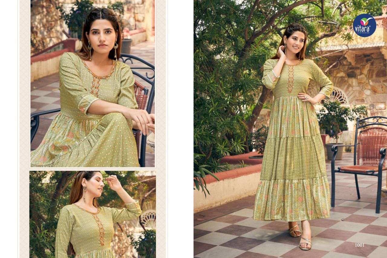vitara fashion fusion 1001-1004 series rayon foil printed long gown collection wholesale price 