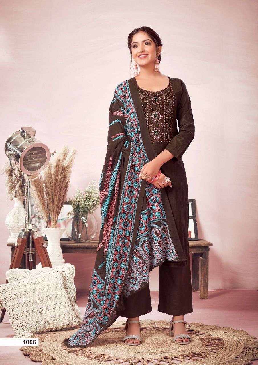 yashika trendz rewaa 1001-1008 cotton printed neck embroidery dress material collection