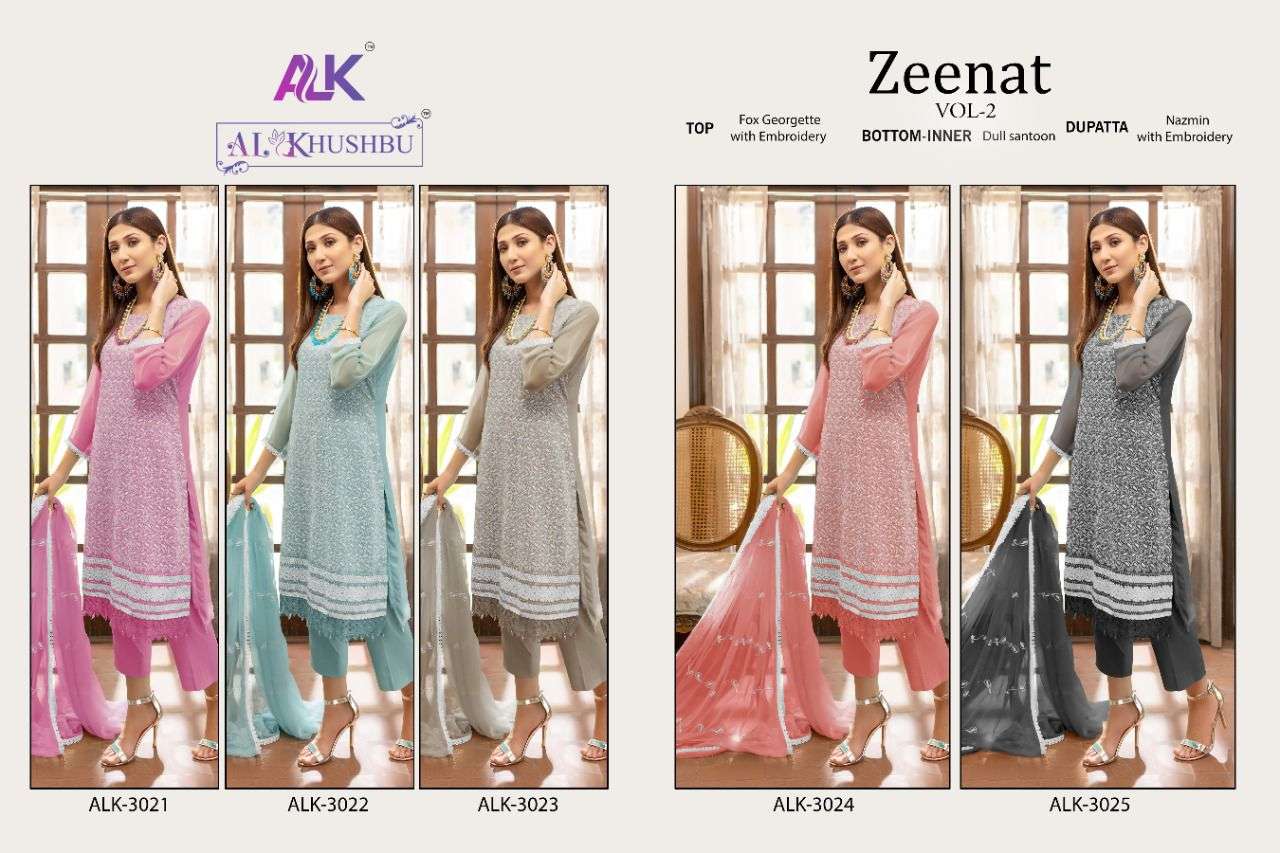 al khushbu zeenat vol-2 3023 colours georgette fancy work salwar kameez wholesale price
