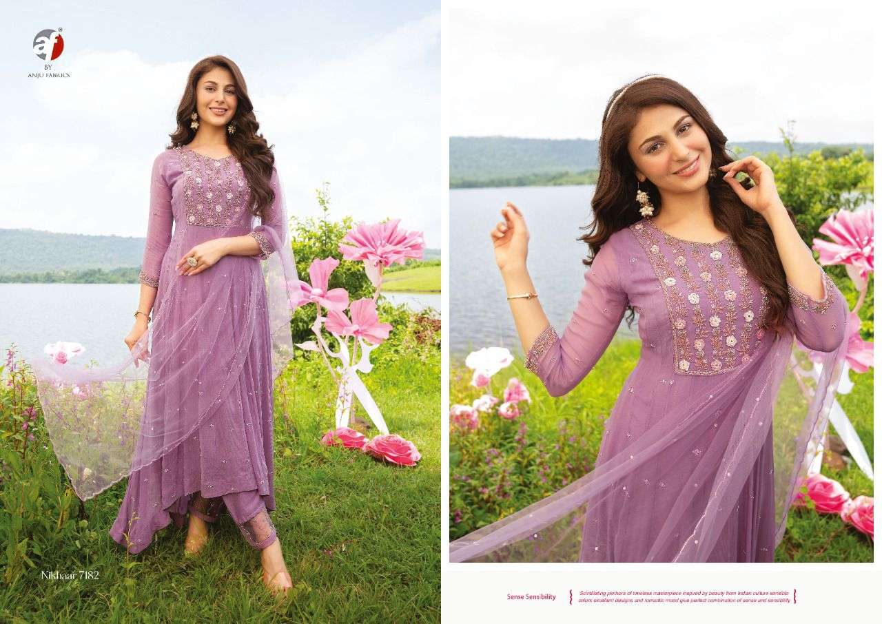 anju fabric nikhaar 7181-7184 series viscose georgette anarkali dress with dupatta wholesaler 