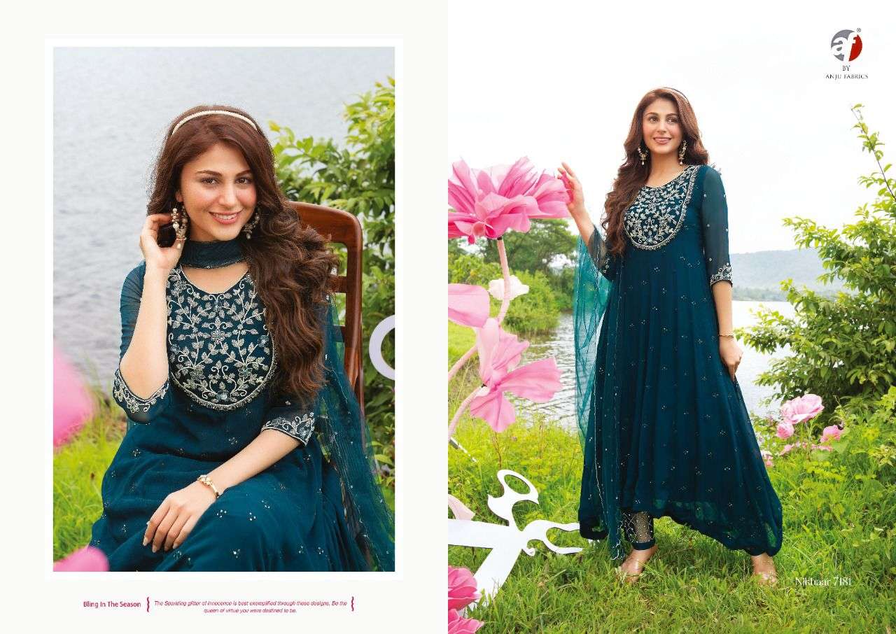 anju fabric nikhaar 7181-7184 series viscose georgette anarkali dress with dupatta wholesaler 