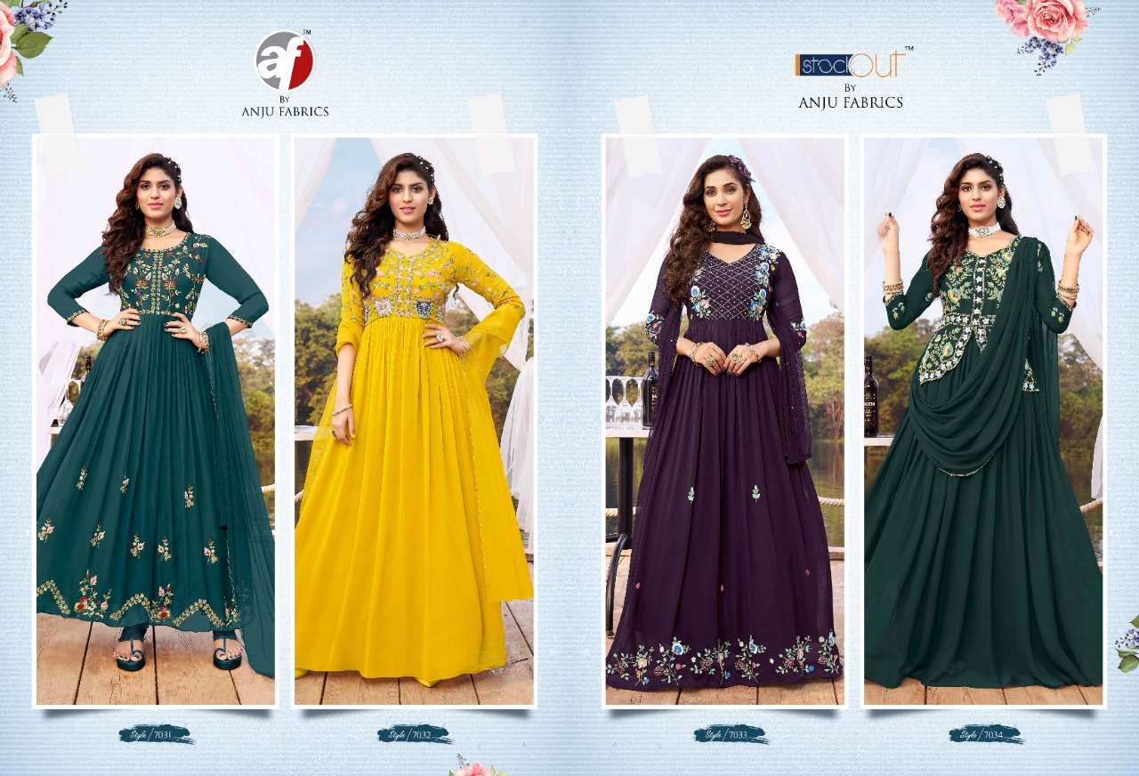anju fabrics wedding masti 7031-7034 series designer gown collection wholesale price surat