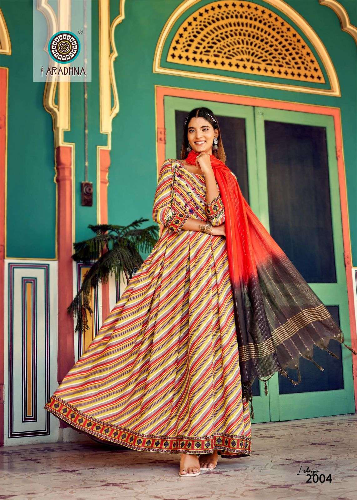 aradhna lehriya vol-2 2001-2008 series reyon gown designer kurti with banarsi dupatta online best rate surat 